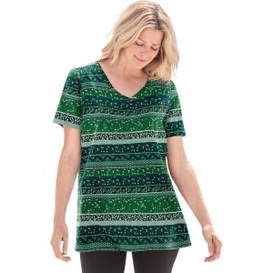 Woman Within Plus Size Perfect Printed Short-Sleeve V-Neck Tee(Emerald Green Patchwork Stripe)