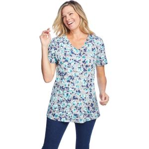 Woman Within Plus Size Perfect Printed Short-Sleeve V-Neck Tee(Heather Grey Azure Blossom Vine)