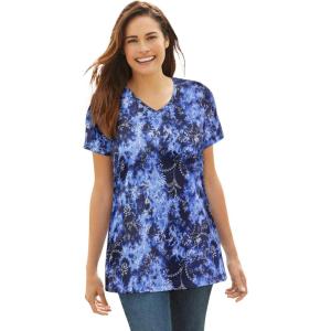 Woman Within Plus Size Perfect Printed Short-Sleeve V-Neck Tee(Navy Floral Tie Dye)