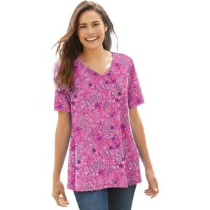 Woman Within Plus Size Perfect Printed Short-Sleeve V-Neck Tee(Peony Petal Paisley)