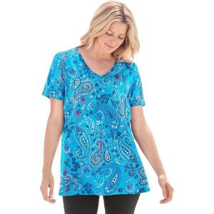 Woman Within Plus Size Perfect Printed Short-Sleeve V-Neck Tee(Pretty Turquoise Paisley)