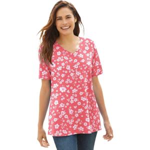 Woman Within Plus Size Perfect Printed Short-Sleeve V-Neck Tee(Sweet Coral Butterfly Ditsy)