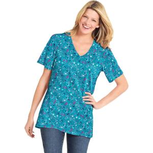 Woman Within Plus Size Perfect Printed Short-Sleeve V-Neck Tee(Waterfall Lovely Ditsy)