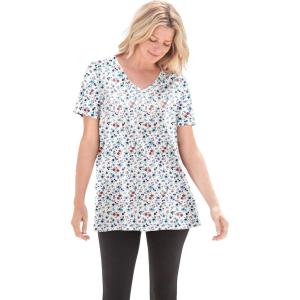 Woman Within Plus Size Perfect Printed Short-Sleeve V-Neck Tee(White Lovely Ditsy)
