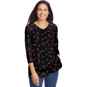 Woman Within Plus Size Perfect Printed Three-Quarter Sleeve V-Neck Tee(Black Mistletoe)
