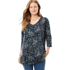 Woman Within Plus Size Perfect Printed Three-Quarter Sleeve V-Neck Tee(Black Paisley)