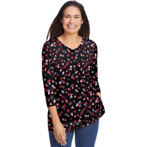 Woman Within Plus Size Perfect Printed Three-Quarter Sleeve V-Neck Tee(Black Tossed Hearts)