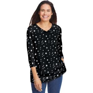 Woman Within Plus Size Perfect Printed Three-Quarter Sleeve V-Neck Tee(Black White Stars)