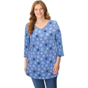 Woman Within Plus Size Perfect Printed Three-Quarter Sleeve V-Neck Tee(Blue Festive Snowflakes)