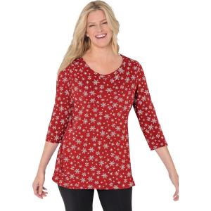 Woman Within Plus Size Perfect Printed Three-Quarter Sleeve V-Neck Tee(Classic Red Snowflakes)
