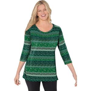 Woman Within Plus Size Perfect Printed Three-Quarter Sleeve V-Neck Tee(Emerald Green Patchwork Stripe)