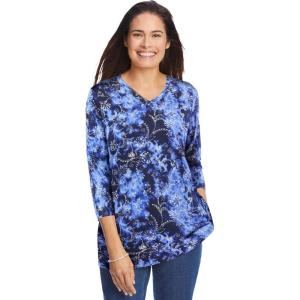 Woman Within Plus Size Perfect Printed Three-Quarter Sleeve V-Neck Tee(Navy Floral Tie Dye)