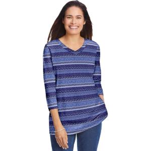 Woman Within Plus Size Perfect Printed Three-Quarter Sleeve V-Neck Tee(Navy Patchwork Stripe)