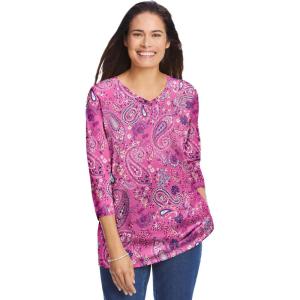 Woman Within Plus Size Perfect Printed Three-Quarter Sleeve V-Neck Tee(Peony Petal Paisley)