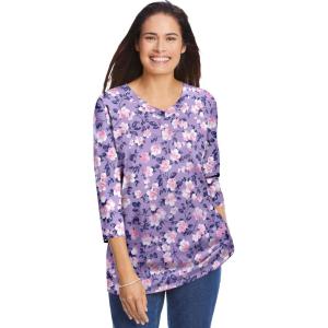 Woman Within Plus Size Perfect Printed Three-Quarter Sleeve V-Neck Tee(Soft Iris Blossom Vine)