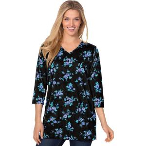 Woman Within Plus Size Perfect Printed Three-Quarter-Sleeve V-Neck Tunic(Blue Rose Ditsy Bouquet)