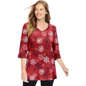 Woman Within Plus Size Perfect Printed Three-Quarter-Sleeve V-Neck Tunic(Classic Red Textured Snowflake)