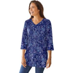 Woman Within Plus Size Perfect Printed Three-Quarter-Sleeve V-Neck Tunic(Evening Blue Paisley)