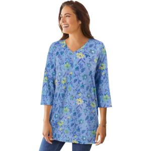 Woman Within Plus Size Perfect Printed Three-Quarter-Sleeve V-Neck Tunic(French Blue Jacquard Floral)