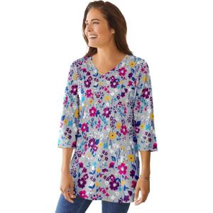 Woman Within Plus Size Perfect Printed Three-Quarter-Sleeve V-Neck Tunic(Heather Grey Field Floral)