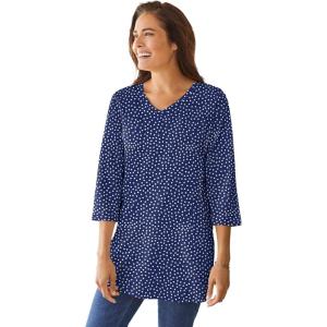 Woman Within Plus Size Perfect Printed Three-Quarter-Sleeve V-Neck Tunic(Navy Offset Dot)