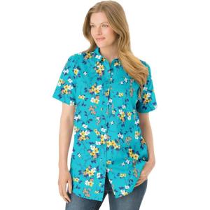 Woman Within Plus Size Perfect Short Sleeve Button-Down Shirt Oversized Tunic Blouse(Aquamarine Pretty Bloom)