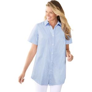 Woman Within Plus Size Perfect Short Sleeve Button-Down Shirt Oversized Tunic Blouse(French Blue Stripe)