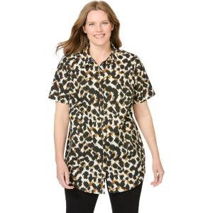 Woman Within Plus Size Perfect Short Sleeve Button-Down Shirt Oversized Tunic Blouse(Ivory Abstract)