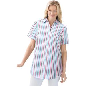 Woman Within Plus Size Perfect Short Sleeve Button-Down Shirt Oversized Tunic Blouse(Original Multi Stripe)