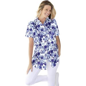 Woman Within Plus Size Perfect Short Sleeve Button-Down Shirt Oversized Tunic Blouse(Ultra Blue Shadow Floral)