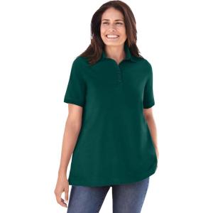 Woman Within Plus Size Perfect Short-Sleeve Polo Shirt(Emerald Green)