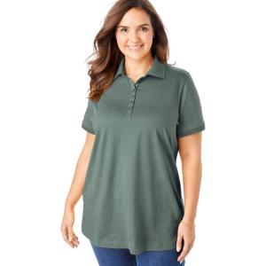 Woman Within Plus Size Perfect Short-Sleeve Polo Shirt(Pine)