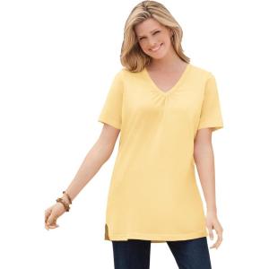 Woman Within Plus Size Perfect Short-Sleeve Shirred V-Neck Tunic(Banana)