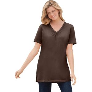 Woman Within Plus Size Perfect Short-Sleeve Shirred V-Neck Tunic(Chocolate)