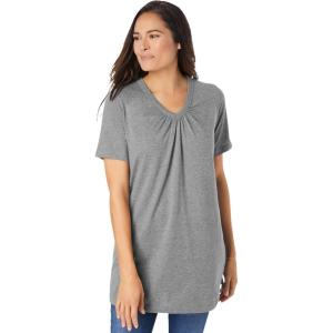 Woman Within Plus Size Perfect Short-Sleeve Shirred V-Neck Tunic(Classic Medium Heather Grey)