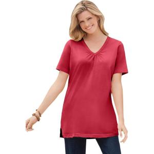 Woman Within Plus Size Perfect Short-Sleeve Shirred V-Neck Tunic(Classic Red)