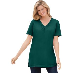 Woman Within Plus Size Perfect Short-Sleeve Shirred V-Neck Tunic(Emerald Green)