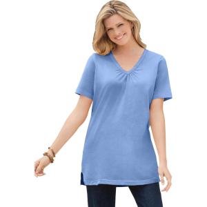 Woman Within Plus Size Perfect Short-Sleeve Shirred V-Neck Tunic(French Blue)
