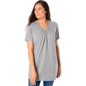 Woman Within Plus Size Perfect Short-Sleeve Shirred V-Neck Tunic(Heather Grey)