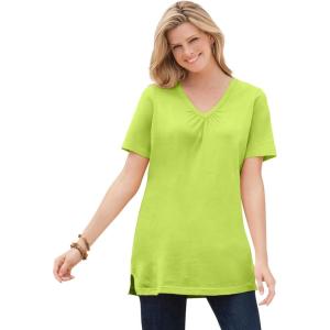 Woman Within Plus Size Perfect Short-Sleeve Shirred V-Neck Tunic(Lime)