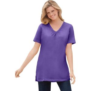 Woman Within Plus Size Perfect Short-Sleeve Shirred V-Neck Tunic(Petal Purple)