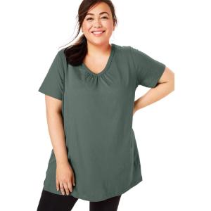Woman Within Plus Size Perfect Short-Sleeve Shirred V-Neck Tunic(Pine)