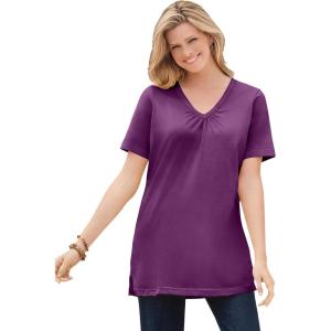 Woman Within Plus Size Perfect Short-Sleeve Shirred V-Neck Tunic(Plum Purple)