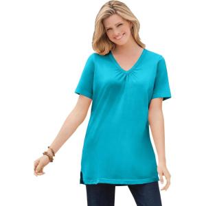 Woman Within Plus Size Perfect Short-Sleeve Shirred V-Neck Tunic(Pretty Turquoise)