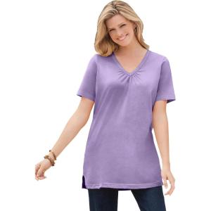 Woman Within Plus Size Perfect Short-Sleeve Shirred V-Neck Tunic(Soft Iris)