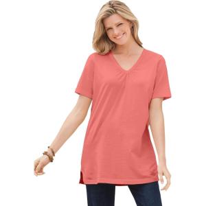 Woman Within Plus Size Perfect Short-Sleeve Shirred V-Neck Tunic(Sweet Coral)