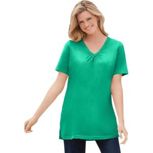 Woman Within Plus Size Perfect Short-Sleeve Shirred V-Neck Tunic(Tropical Emerald)
