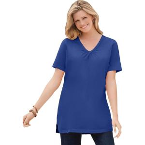 Woman Within Plus Size Perfect Short-Sleeve Shirred V-Neck Tunic(Ultra Blue)
