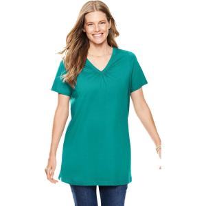 Woman Within Plus Size Perfect Short-Sleeve Shirred V-Neck Tunic(Waterfall)