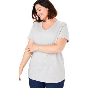 Woman Within Plus Size Perfect Short-Sleeve V-Neck Tee (Petite Available)(Heather Grey)
